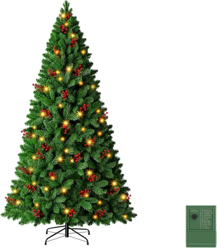 Vista 20 de NEWBULIG Árbol de Navidad preiluminado de 4.5 pies con bayas rojas Verde