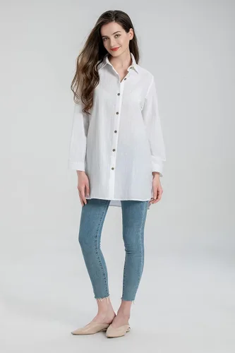 Vista 6 de Minibee Camisas de algodón para mujer, túnica alta y baja, blusa con botones