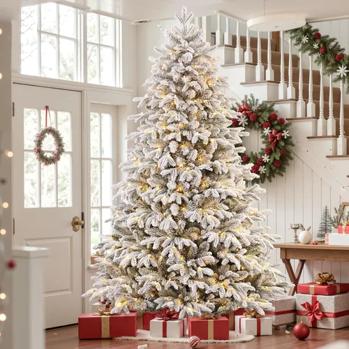 Vista 10 de SHareconn Árbol de Navidad de cedro flocado de 5 pies, 210 luces blancas cálidas y multicolor, diseño moderno de lujo con ramas nevadas flocadas