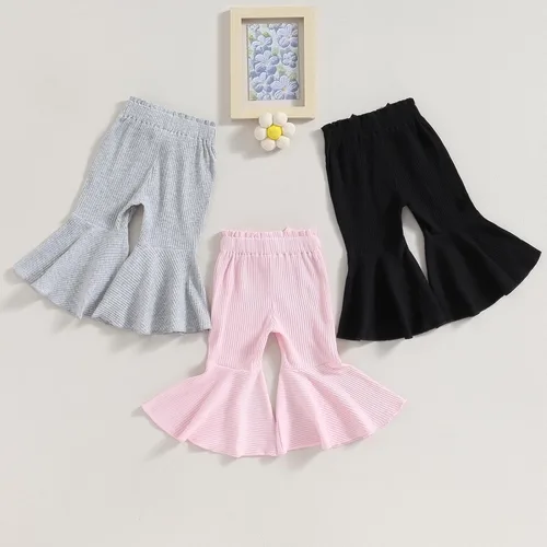 Vista 9 de TINXIEA Paquete de 3 pantalones acampanados para niñas pequeñas, pantalones acanalados sueltos con lazo, pantalones acampanados, paquete de 3