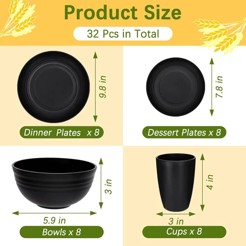 Vista 2 de Juego de vajilla de paja de trigo, 32 piezas, platos de plástico y cuencos Black Unbreakable Dinnerware Set, Reusable Lightweight Dish Set for