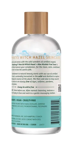 Vista 2 de Humphreys Nourish Witch Hazel + tóner sin alcohol de aloe, transparente, 8 onzas (paquete de 1) Hamamelis cosechado silvestre con aloe y vitamina
