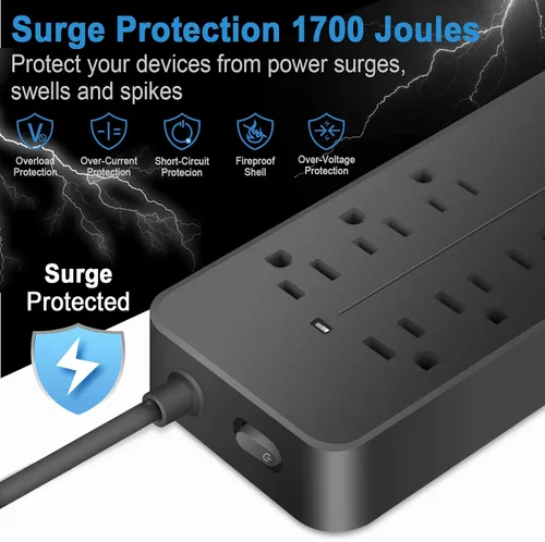 Vista 2 de Cable de extensión con protector de sobretensiones – Barra de alimentación trenzada de enchufe plano con 8 tomas amplias y 4 puertos USB (1 USB C)