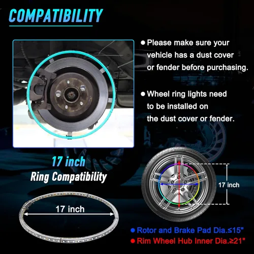 Vista 5 de Juego de 4 luces LED RGB de 17 pulgadas para anillo de rueda, control Bluetooth, señal de giro y función de frenado (doble cara)