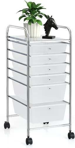 Vista 26 de COSTWAY Carrito de almacenamiento rodante con 4 cajones, carrito de almacenamiento de plástico y organizador con 4 cajones extraíbles, carrito