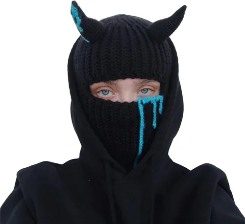 Vista 3 de Gorro de punto Y2k con cuerno de diablo y oreja de conejo largo, máscara de esquí, pasamontañas, accesorios para grunge