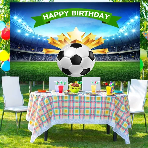 Vista 2 de Telón de fondo de fútbol de 5 x 4 pies para fotografía, campo de fútbol de fútbol, fondo para decoración de fiesta de cumpleaños, sesión de fotos
