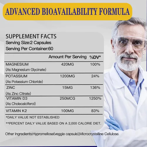 Vista 4 de Suplemento de potasio y magnesio, magnesio y potasio y zinc con vitamina D3 y K2, apoyo inmunológico para mujeres y hombres, absorción mejorada, sin