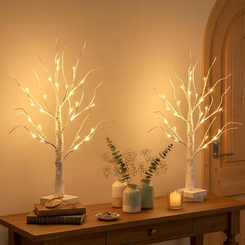Vista 6 de EAMBRITE Árbol de abedul iluminado para decoración de Navidad para interiores para el hogar, paquete de 24 luces LED, funciona con baterías/USB