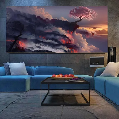 Vista 2 de Póster de paisaje de anime, flor de cerezo, arte de pared de fantasía natural, decoración del hogar, pintura en lienzo, póster de pared