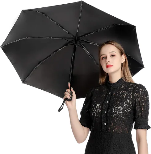 Vista 8 de Guam Tribal Hibiscus impermeable resistente al viento 3 pliegues auto abrir cerrar paraguas ligero anti-UV para hombres mujeres, Negro, estilo 1