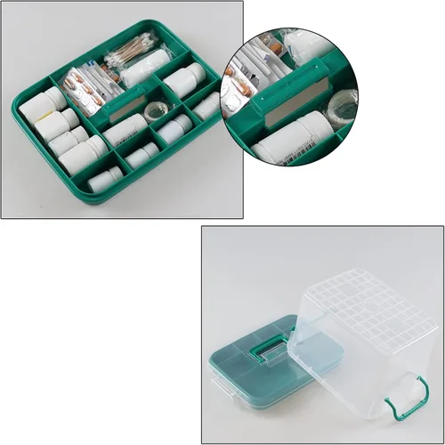 Vista 4 de Caja organizadora de medicina transparente de 15QT con asa, caja de primeros auxilios de plástico Recipiente para medicamentos con bandeja, baúl