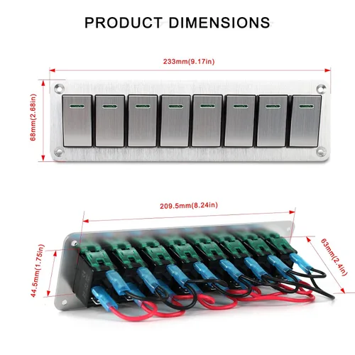 Vista 2 de Panel de interruptor basculante de aluminio de 8 posiciones - Panel de interruptor de 12 V/24 V, 3 pines de encendido/apagado, panel de interruptor