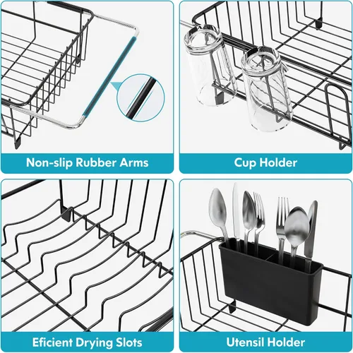 Vista 4 de Estante de secado de platos expandible sobre el fregadero en acero inoxidable para cocina pequeña, escurridor de platos moderno y compacto de metal