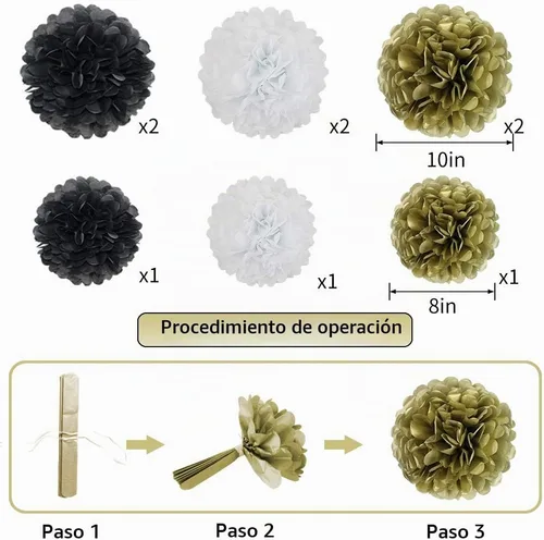 Vista 4 de Linternas de papel pompones de papel negro y dorado para decoración Negro/dorado