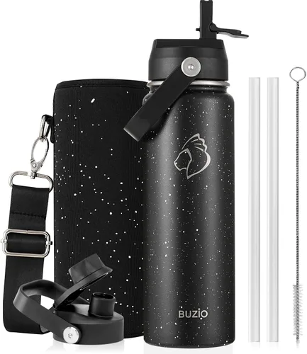 Vista 105 de BUZIO Botella de agua aislada de 24 oz, frasco de agua de boca ancha de acero inoxidable con tapa de pajita, frío durante 48 horas a prueba de Negro