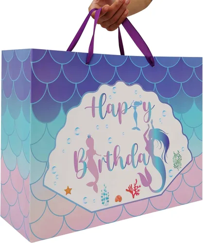 Vista 6 de Qirrmiy Juego de bolsas de regalo de cumpleaños de sirena extra grande de 16.5 pulgadas con asas, tarjeta de felicitación, papeles de seda morados