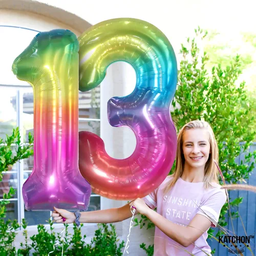 Vista 3 de KatchOn, Globo gigante arcoíris número 13 – 40 pulgadas Globos de cumpleaños 13 Decoraciones de cumpleaños 13 para niñas Globos de números