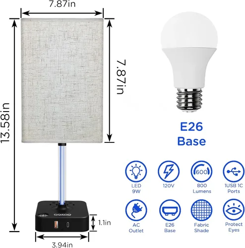 Vista 7 de COZOO - Lámpara de mesa y mesita de noche con control táctil de intensidad regulable de 3 vías, 3 puertos de carga USB y 2 tomas de corriente, base