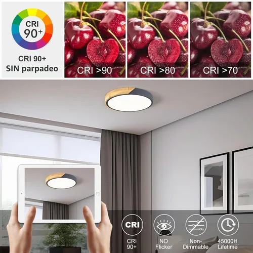 Vista 2 de Lámpara de techo LED moderna, lámpara de techo minimalista de madera empotrada, 4000 K no regulable, lámpara de iluminación circular con pantalla