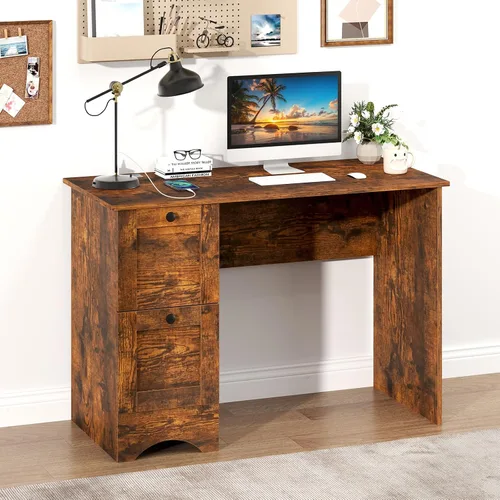 Vista 2 de GIANTEX - Escritorio para computadora con 2 cajones, escritorio de madera para oficina en casa de 43 pulgadas con estación de carga, escritorio