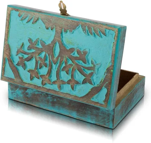 Vista 9 de Gran idea de regalo de cumpleaños, caja de joyería decorativa hecha a mano de madera para tallar el árbol de la vida, cerradura y llave, organizador
