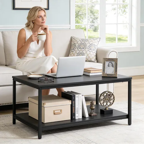 Vista 9 de SUPER DEAL - Mesa de café industrial de 2 niveles con estante de almacenamiento para apartamento pequeño, sala de estar, mesa auxiliar rectangular
