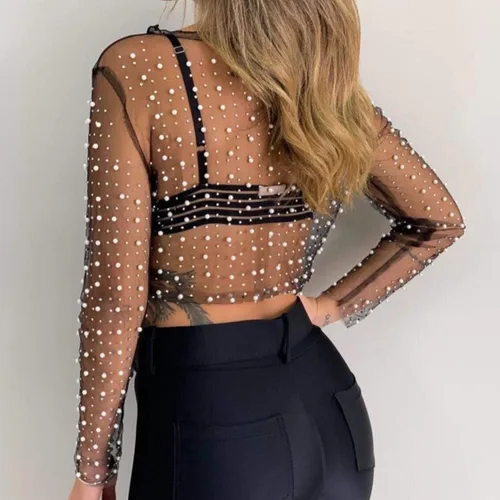 Vista 4 de Blusa de malla de manga larga transparente con diamantes de imitación y cuentas para mujer
