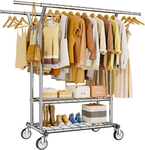 Vista 10 de HYSEYY Perchero de ropa resistente, perchero con estantes de carga de 620 libras, perchero de doble barra para colgar ropa, perchero portátil