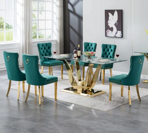 Vista 29 de SSLine Mesa de comedor de cristal dorado de 70 pulgadas para 4-6, base de Mesa de oro floral