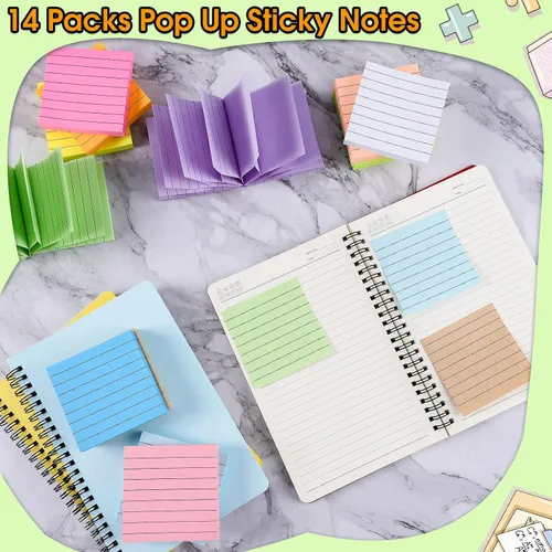 Vista 4 de 14 blocs de notas adhesivas desplegables, 1400 notas adhesivas forradas de 3 x 3 pulgadas, bloc de notas autoadhesivas con líneas, multicolor