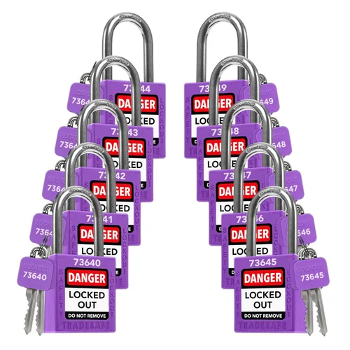 Vista 25 de TRADESAFE Juego de cerraduras de bloqueo - 7 cerraduras de loto rojas, cerraduras de bloqueo con llave diferente, 1 llave por cerradura, candados