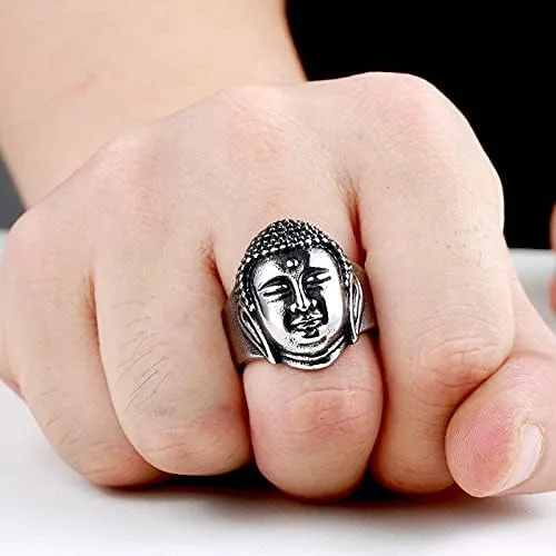 Vista 4 de HUYHOAT - Anillo protector de buda de acero inoxidable 316L de la India budismo Sanskr Ganesha protector de Buda SU0JE (dorado-8)