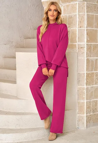 Vista 3 de Linsery Conjunto de suéter de 2 piezas para mujer, cuello alto, suéter de punto de pierna ancha, sudadera casual