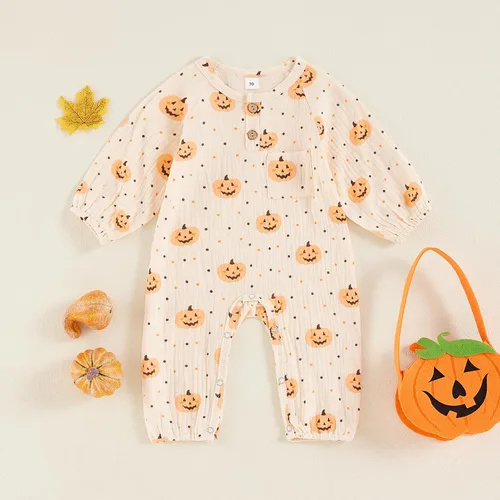Vista 67 de Disfraz de Halloween para bebé niño y niña, mameluco de manga larga con diseño de calabaza, mameluco para Halloween