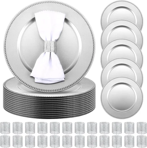 Vista 7 de Rtteri juego de 48 platos base, 24 platos base de plástico con 24 anillas para servilletas, 33 cm (13 pulgadas) de diámetro, platos base redondos