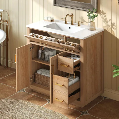 Vista 17 de Harper & Bright Designs Tocador de baño de 24 pulgadas con lavabo, juego de tocador independiente con 4 cajones, estantes de almacenamiento y Negro