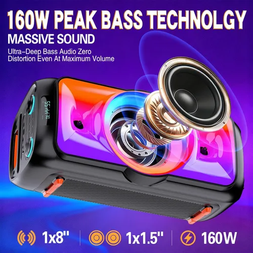 Vista 2 de Altavoz Bluetooth para fiestas de 160 W, sonido estero grande para exteriores, graves profundos, TWS, fuerte con luces, altavoces grandes