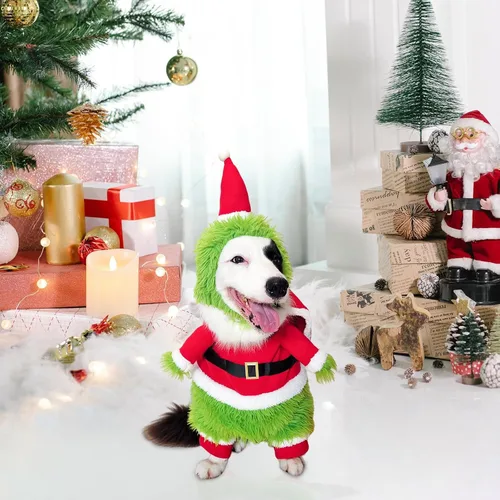 Vista 6 de NACOCO Dog Christmas Furry Costume - Xmas Halloween Dog Cosplay Clothes with Cape Hat Green Monster Funny Uniform Santa Outfits Party Favors Apparel