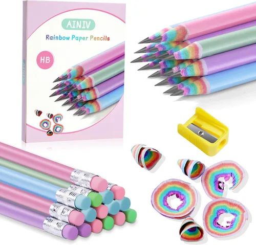 Vista 7 de Ainiv 12PCS Lápices de Papel Arcoíris Reciclados Ecológicos Sin Madera y Plástico #2 HB Lápices Número 2 Borradores Superiores con Sacapuntas