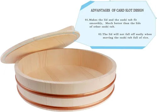 Vista 7 de Kichgather Tazón de arroz de madera para sushi con tapa Hangiri Sushi Oke Sushi Arroz Mezclador (10.6 pulgadas con tapa)