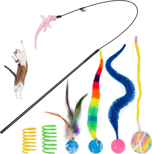 Vista 10 de SHENGSEN Juguete de varita de plumas para gatos, pelota inflable con cola para gatos, gusano mágico con juguete de bola grande y colorida