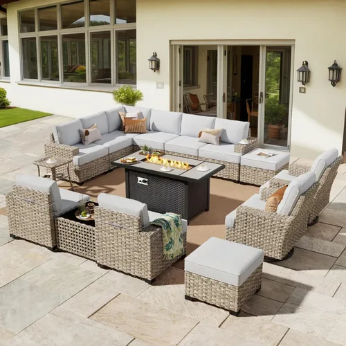 Vista 79 de HOOOWOOO Juego de Muebles Seccionales para Patio al Aire Libre, 6 Piezas Juegos de Conversación de Mimbre Sofá en Forma de L, Sofá Extra Profundo
