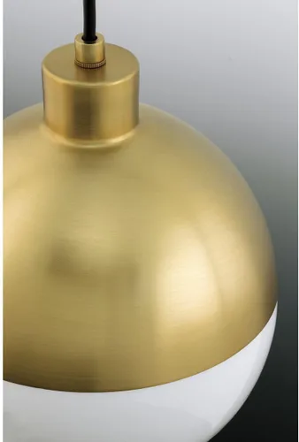 Vista 4 de Globe LED Collection - Lámpara colgante moderna de cristal ópalo de mediados de siglo, bronce cepillado