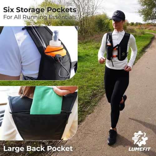 Vista 7 de LUMEFIT Chaleco para correr con soporte para teléfono, chaleco de hidratación con botella de agua, chaleco reflectante para hombres y mujeres