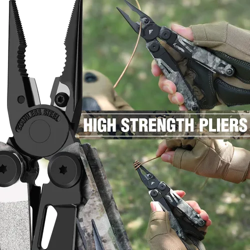 Vista 4 de FLISSA Multiherramienta, cuchillo de bolsillo multiherramienta 15 en 1 con funda, alicates multiherramienta EDC de acero inoxidable para hombres