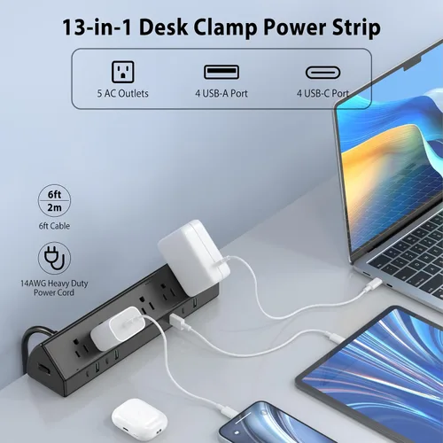 Vista 2 de Jgstkcity Regleta de alimentación con abrazadera de escritorio, estación de carga rápida de 45 W, 4 USB-C, 4 USB-A, protector de sobretensiones
