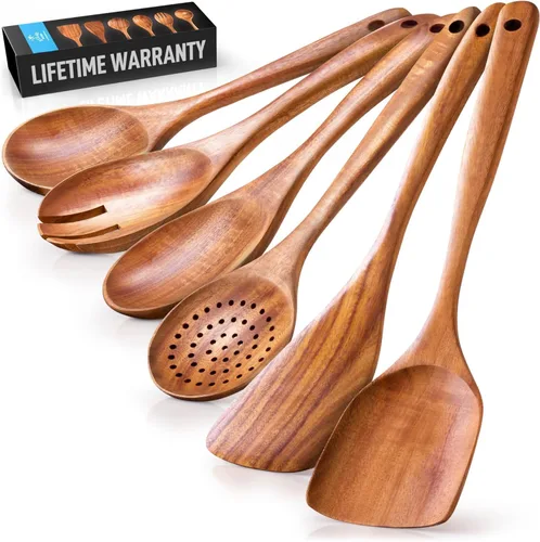 Vista 15 de Zulay Kitchen Juego de 5 cucharas de madera extragrandes - Utensilios de cocina de teca lisa - Cucharón, espátula, espumadera, tenedor, cuchara