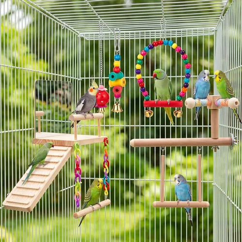 Vista 6 de 13 piezas de juguetes de periquito para pájaros, plataforma de perca para pájaros, escalera de espejo oscilante con función de giro de 360°