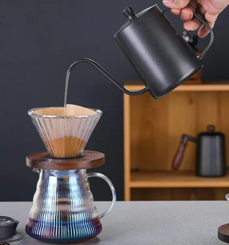 Vista 8 de V60 - Juego de cafetera con gotero, 17.7 onzas líquidas, gotero de café de vidrio V60 con base de madera para regalo de oficina en casa